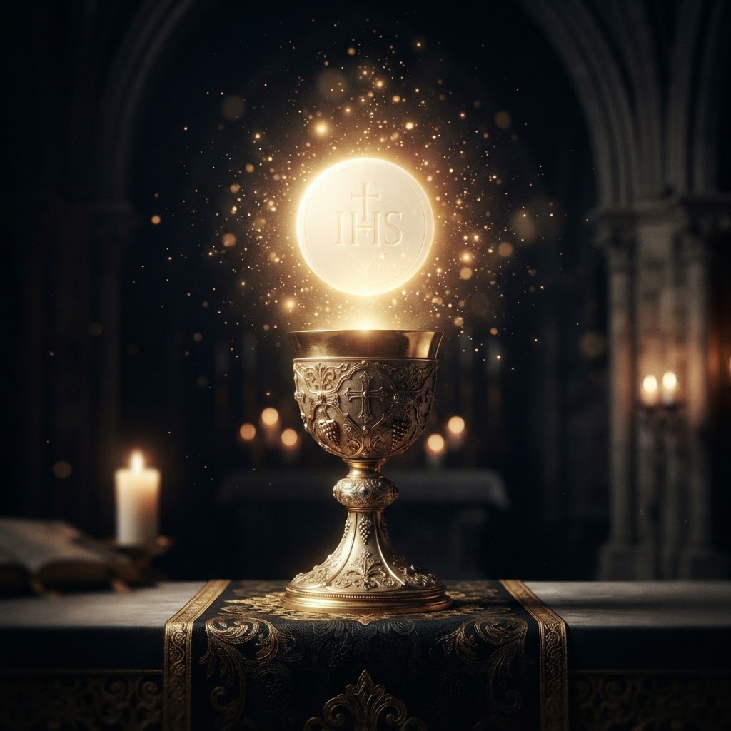 A glowing Eucharistic host above a chalice, symbolic sacramental imagery