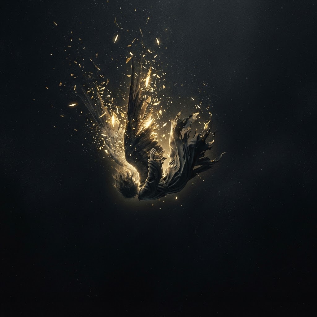 A luminous angelic figure falling through endless darkness, light shattering