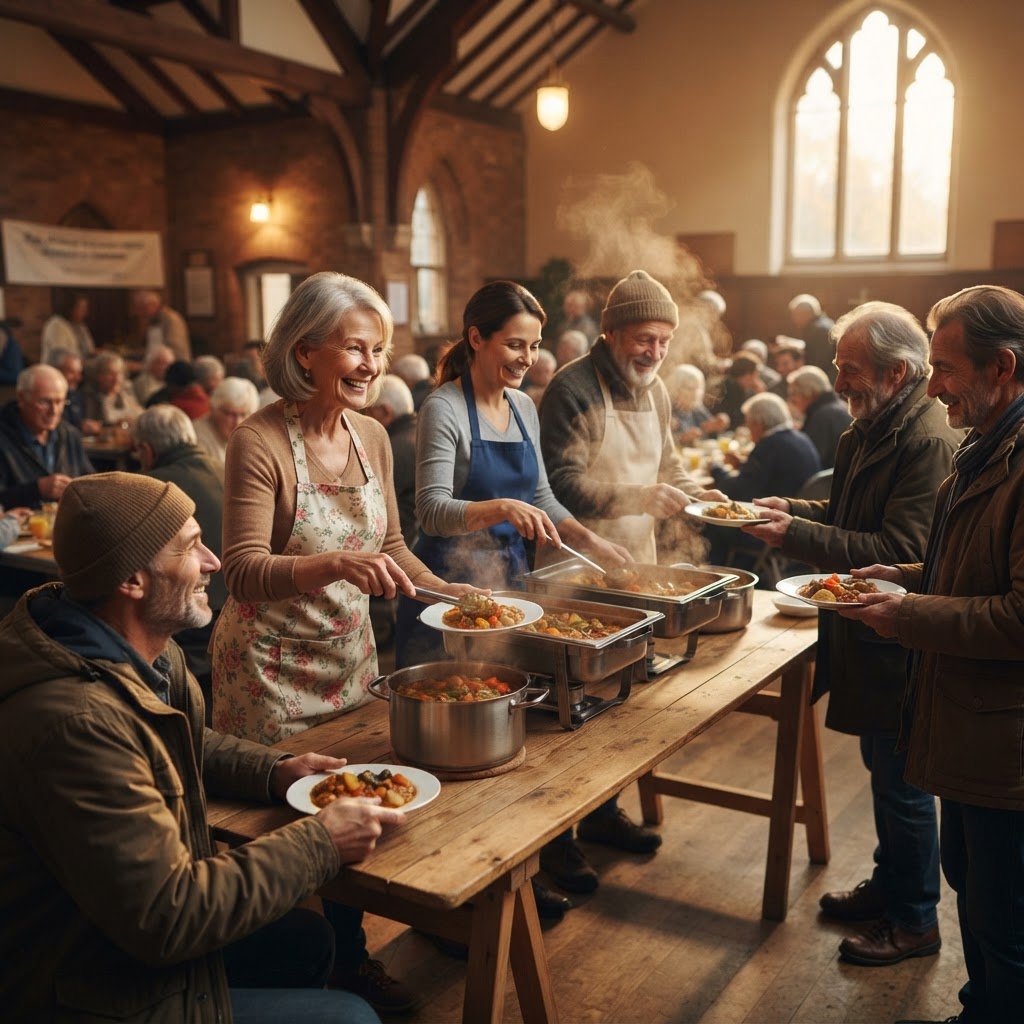 Parish volunteers serving a hot meal to a long line of people at a trestle table inside a church hall.