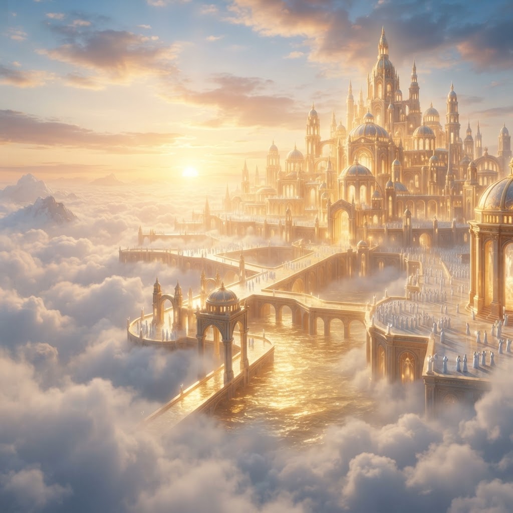 A radiant heavenly city of golden stone above the clouds at sunrise