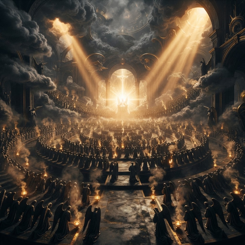 Concentric rings of angelic silhouettes worshipping around a distant throne of light