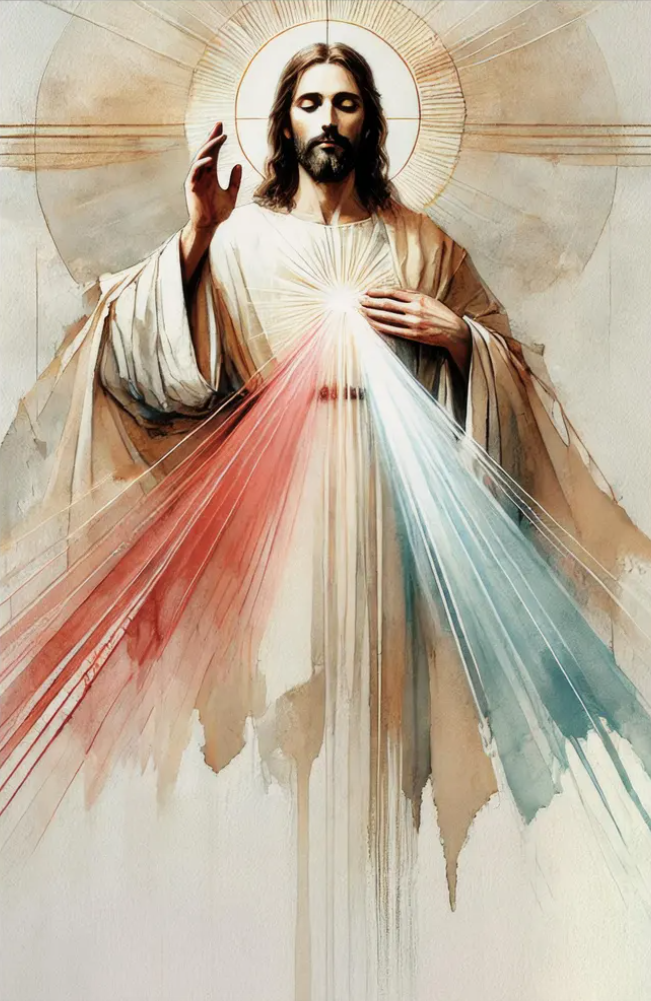 The Divine Mercy image: the risen Christ with His right hand raised in blessing, a pale ray and a red ray streaming from His pierced heart, painted on parchment.