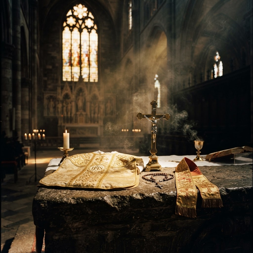 A chalice and crucifix on a stone altar in golden light