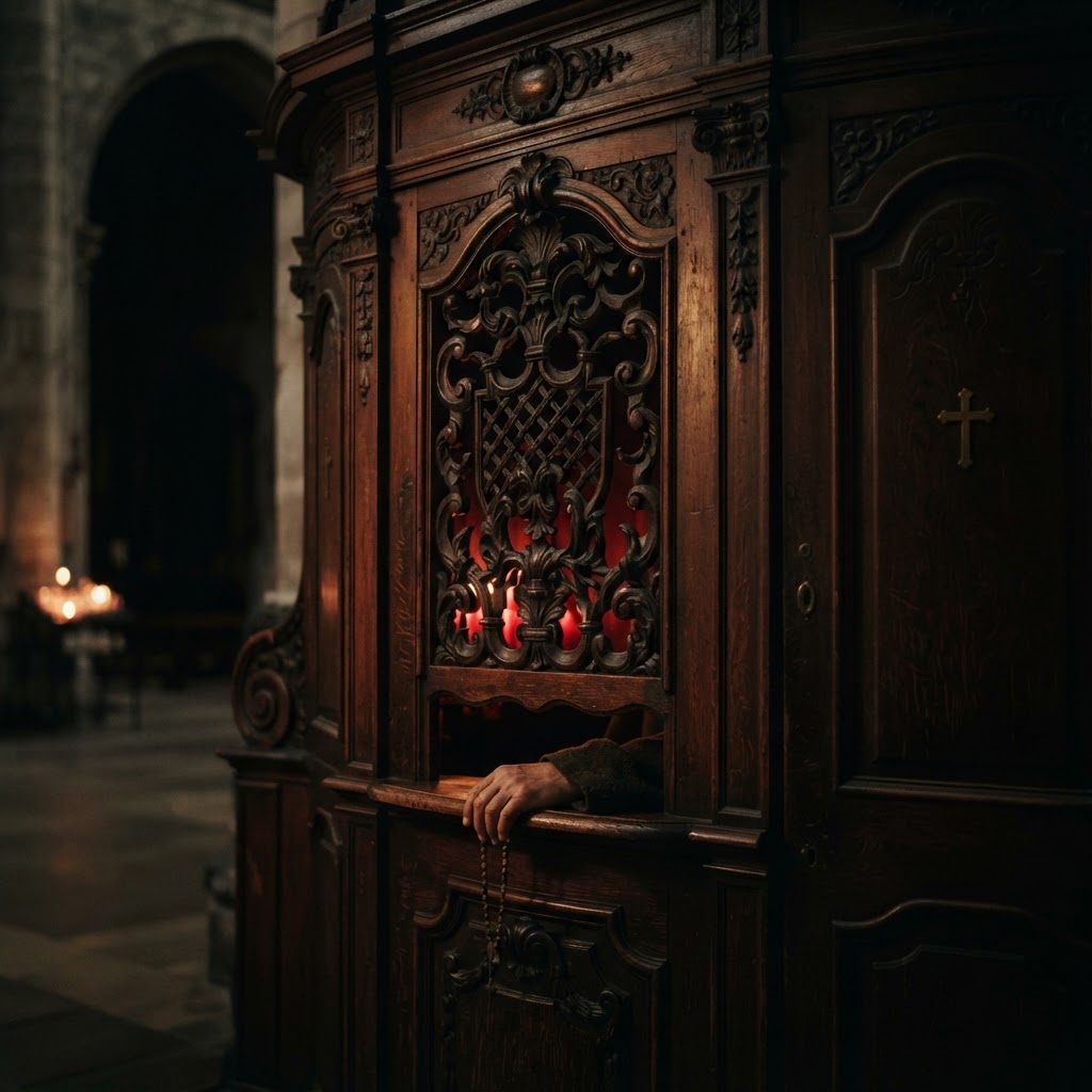 An old confessional bathed in candlelight — the true ecology begins here