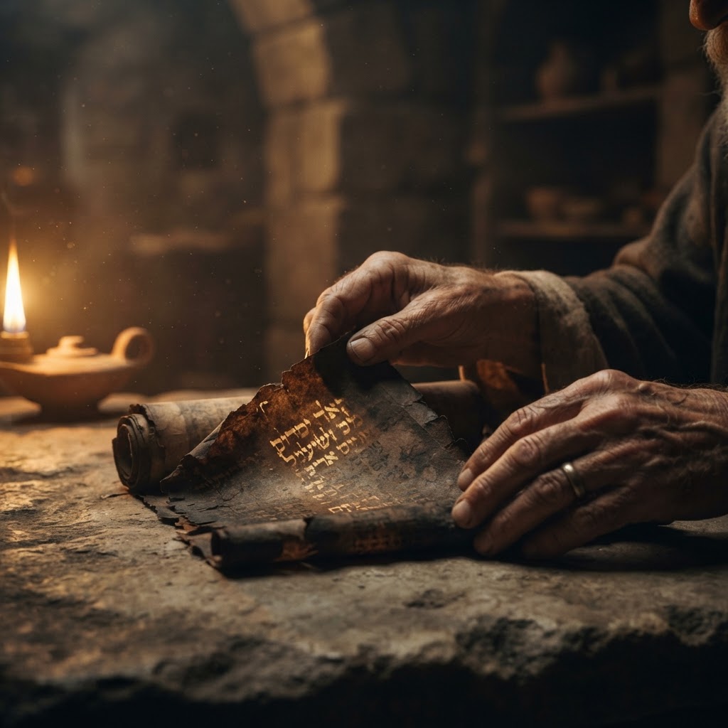 Breaking open the Word — hands unfolding an ancient scroll