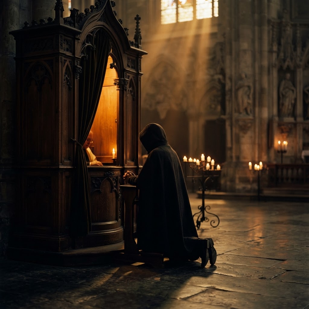 A kneeling penitent before an ornate wooden confessional in golden candlelight