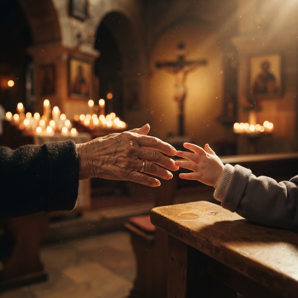 An elderly hand and a child's hand reaching toward one another in golden church light