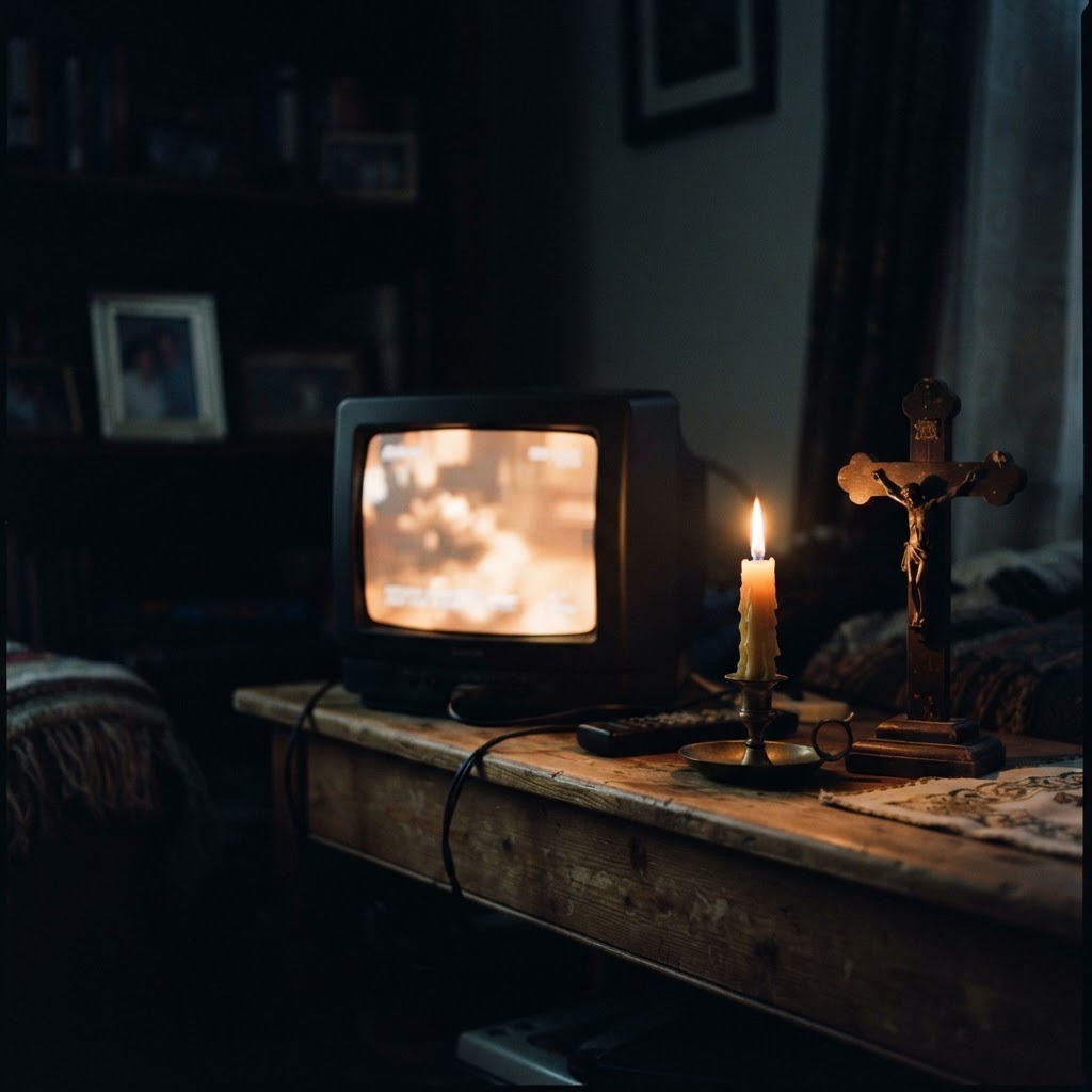 A glowing television in a dark room beside a candle and a crucifix