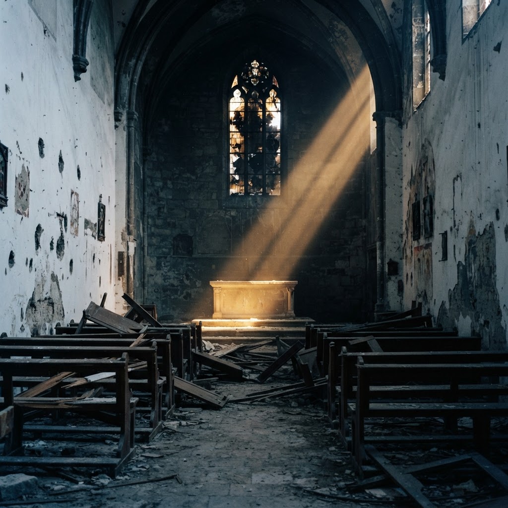 A desecrated Catholic church, a shaft of light falling on an empty altar