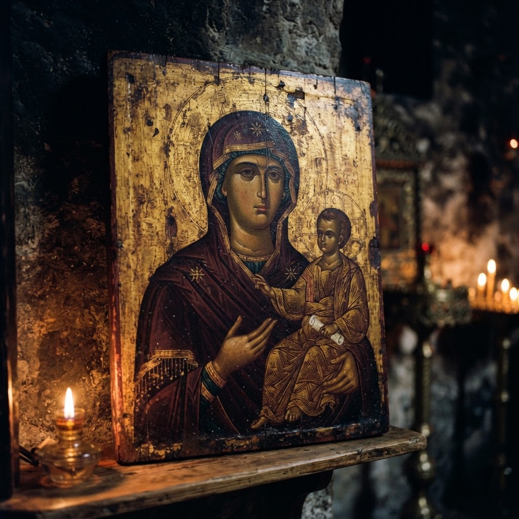 A Byzantine icon of the Virgin Hodegetria, the Mother of God pointing to her Son