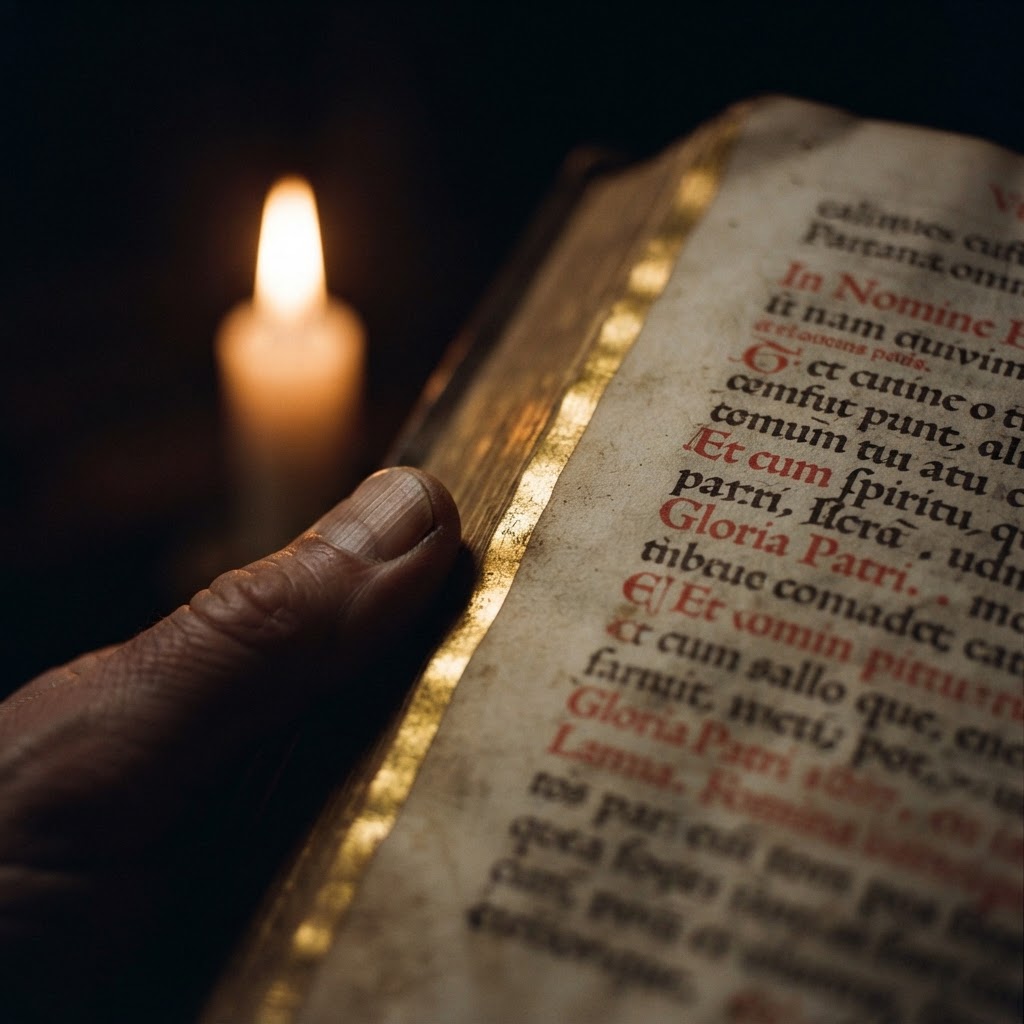 Close-up of a Latin breviary page with red rubrics and gilded edges by candlelight