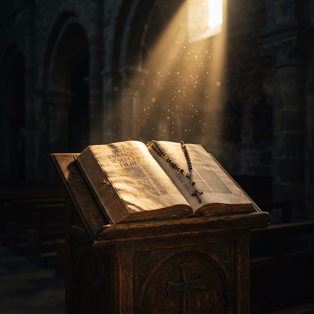 An open Bible on a wooden lectern bathed in a shaft of golden light