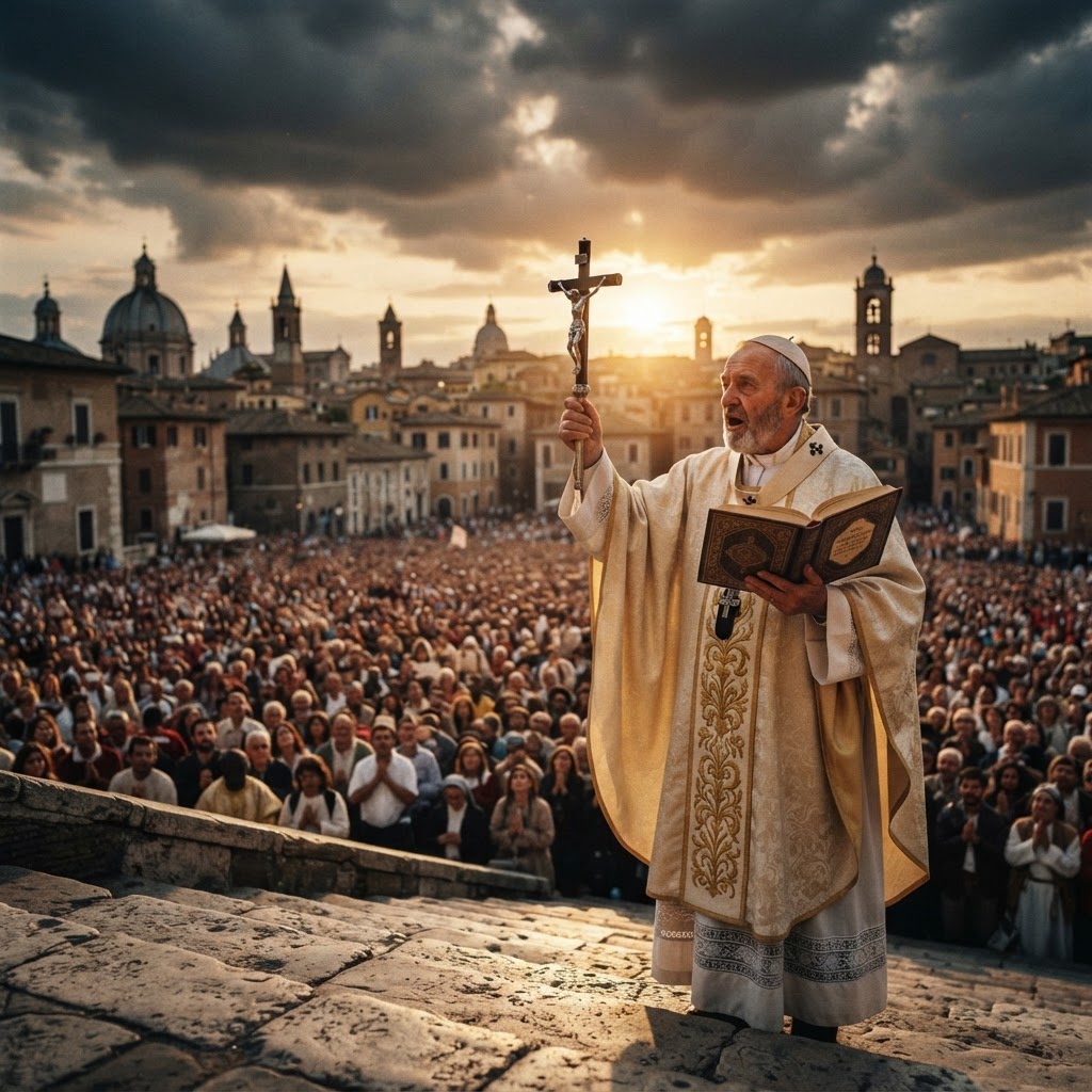 A Catholic bishop proclaiming the Gospel before a gathering of nations at golden hour