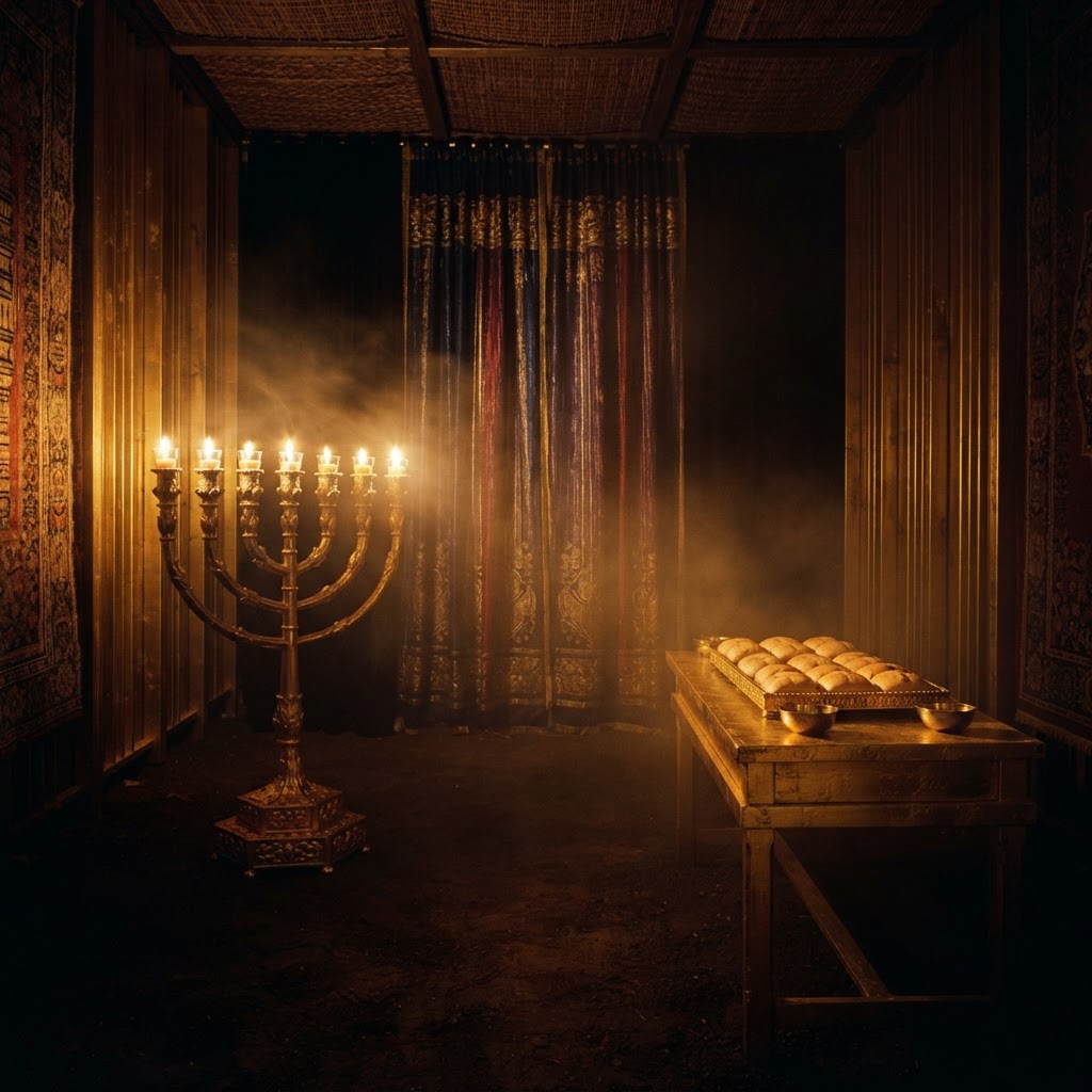 A reconstruction of the sanctuary: the golden seven-branched lampstand and the table of the Bread of the Presence with twelve golden loaves.