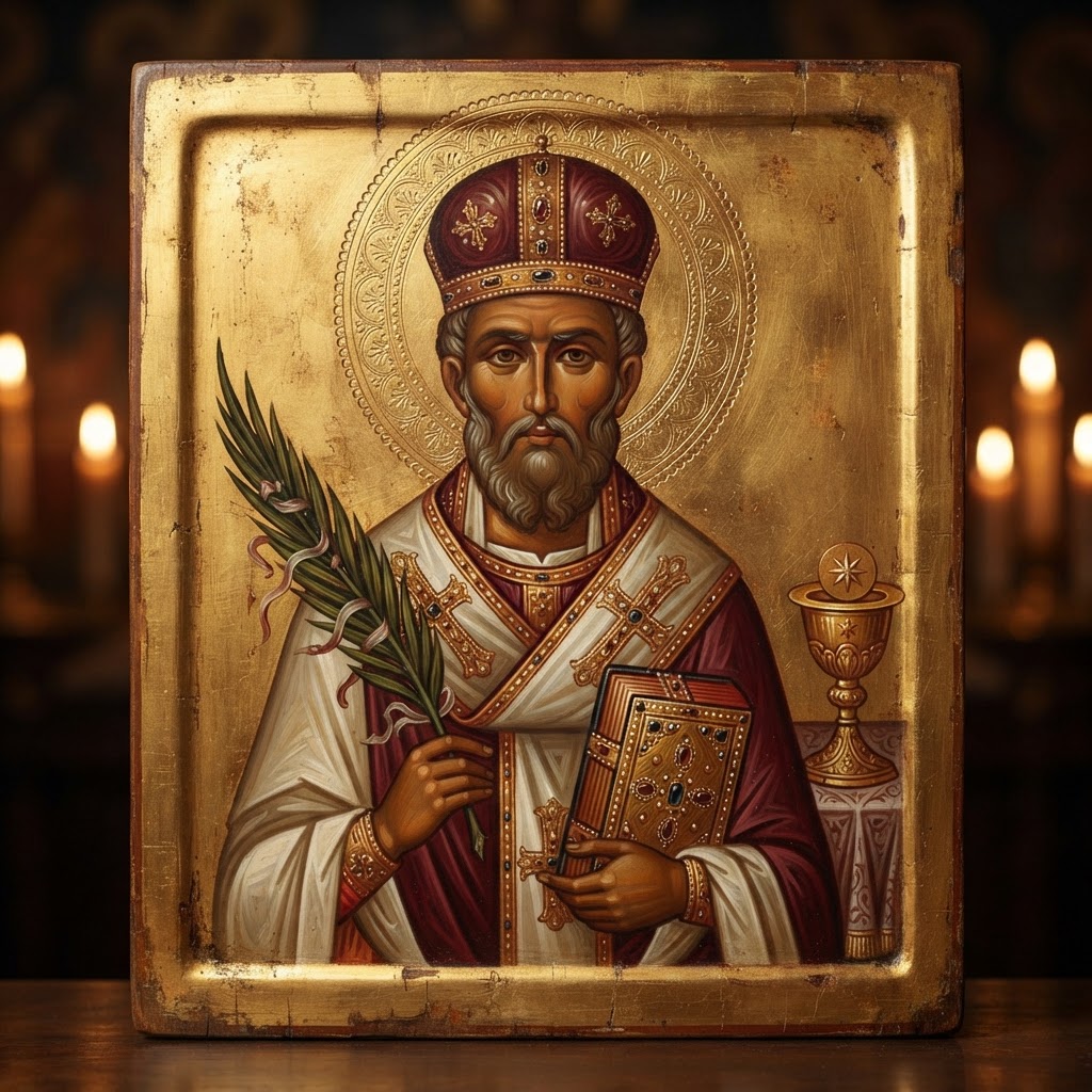 Icon of St Cyprian of Carthage holding a book and a martyr's palm