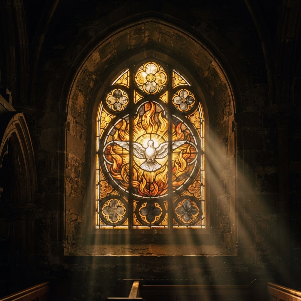 A cathedral stained-glass window radiant with golden light and a dove motif