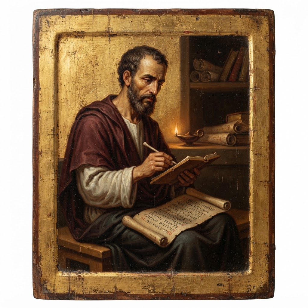 Icon of Tertullian of Carthage writing with a stylus on a wax tablet