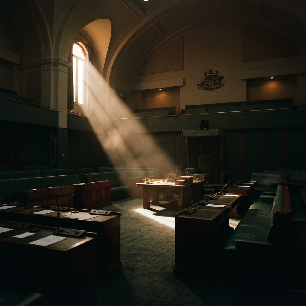 An empty Australian parliamentary chamber at dusk, a single shaft of golden light across the green leather benches