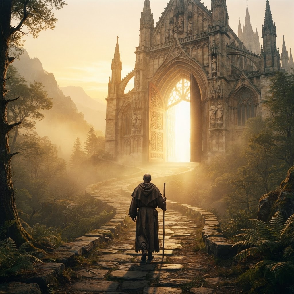 A pilgrim walking through golden mist toward open doors of radiant light