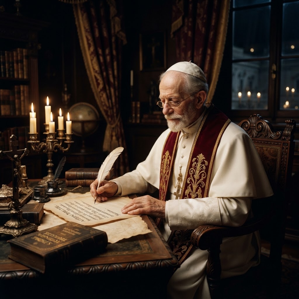 Pope Leo XIII in 1879 writing the encyclical Aeterni Patris at his desk in the Vatican, candlelit, a volume of St. Thomas Aquinas beside him