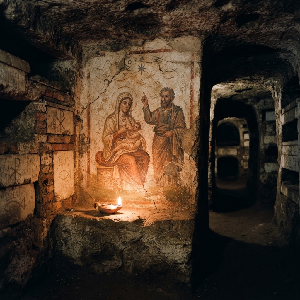 An early Christian catacomb chamber with a third-century fresco of a veiled mother holding her child