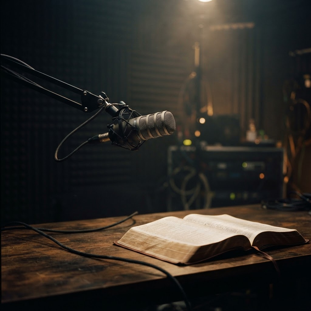 A studio microphone with an open Bible under a warm spotlight