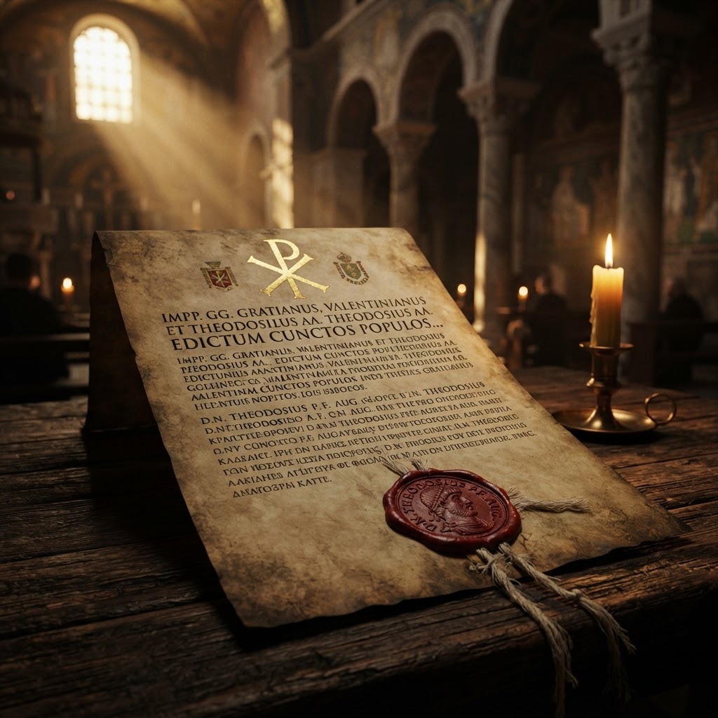 The Edict of Thessalonica of 380 AD on aged parchment, Latin and Greek uncials, an imperial red wax seal and a gold chi-rho, resting on a dark oak table in a candlelit basilica