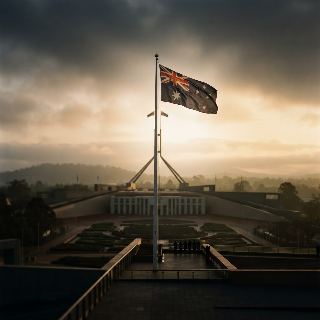 The Australian flag raised at dawn