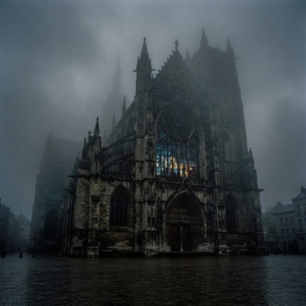 A grand cathedral half-swallowed by thick grey fog