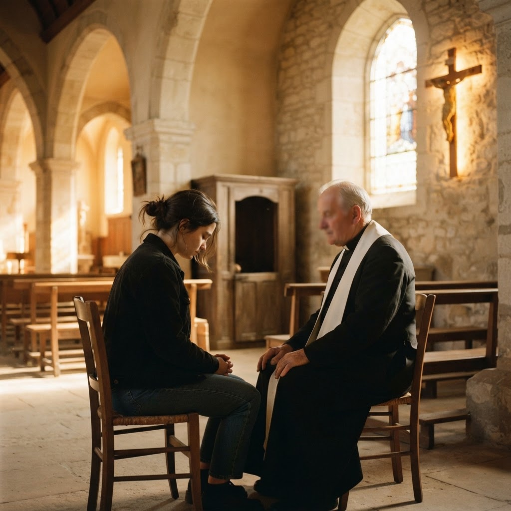 A priest seated with a penitent in a sunlit church, a crucifix glowing on the wall