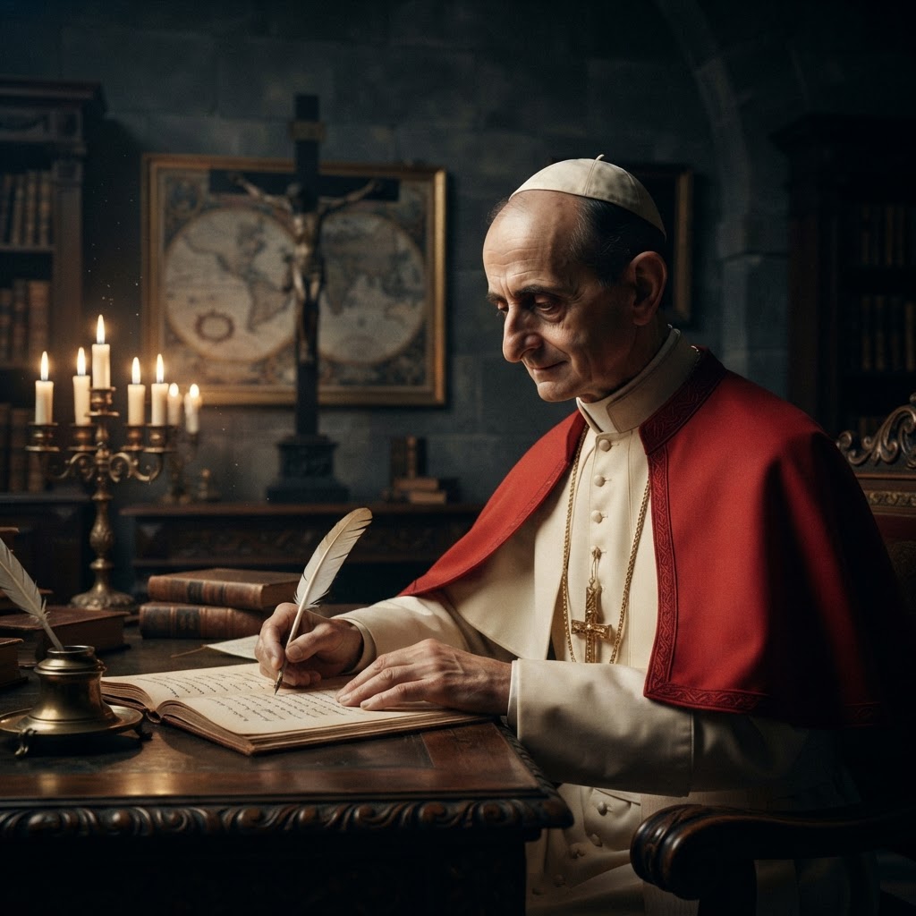 A candlelit Vatican study with an open apostolic exhortation and a crucifix shadow