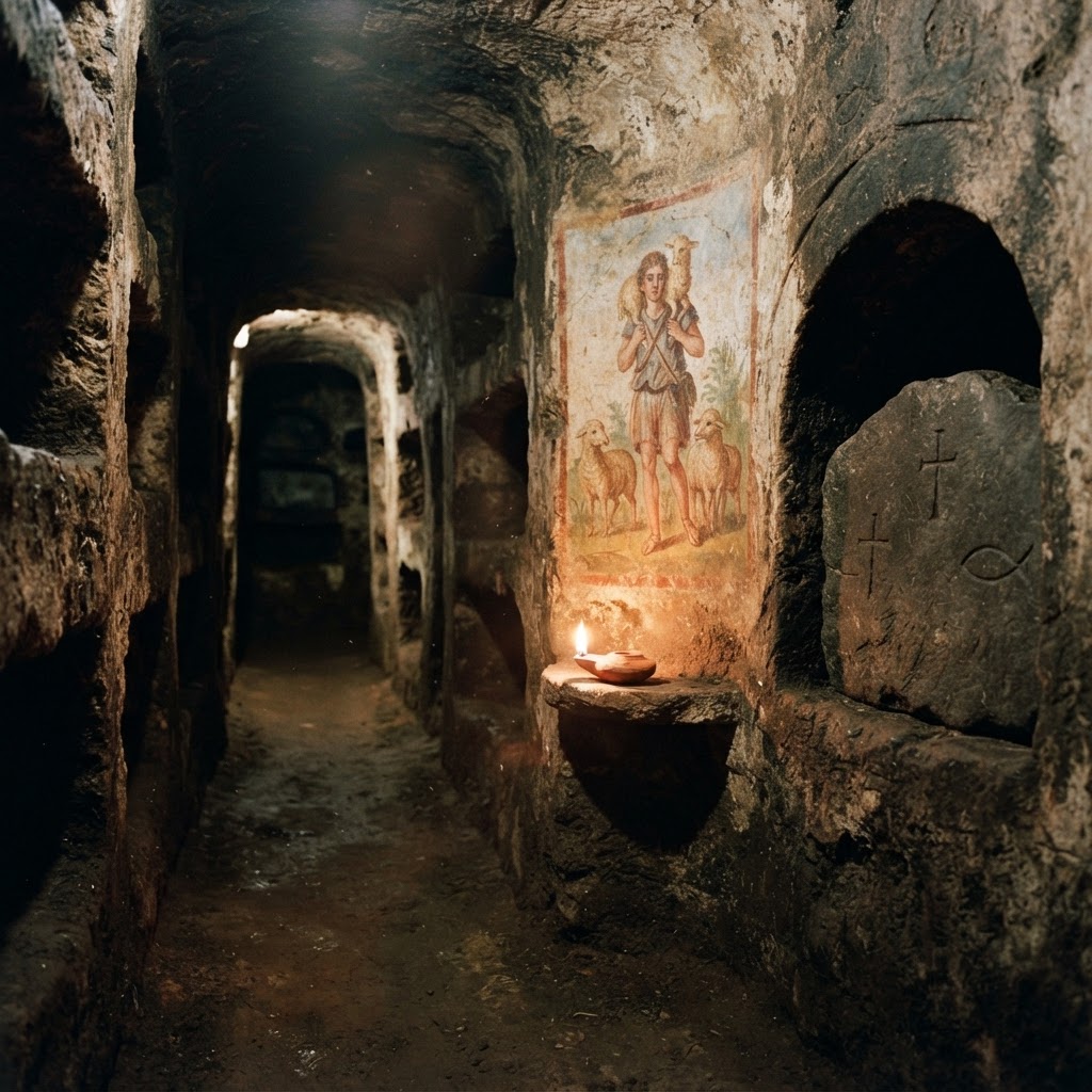An early Christian catacomb with a fresco of the Good Shepherd