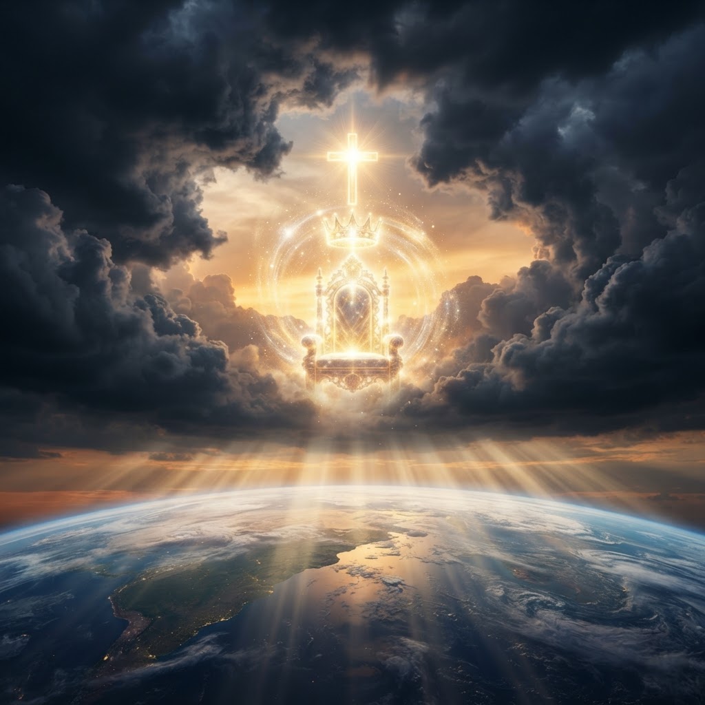 A throne of golden light enthroned in the parting clouds above the earth