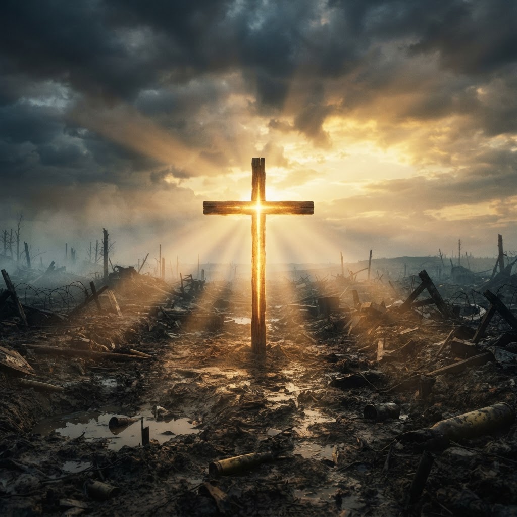A radiant cross standing alone on a broken battlefield at golden dawn