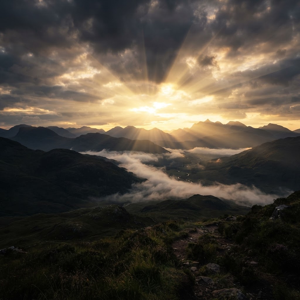 Golden dawn light breaking through vast clouds above dark rolling hills