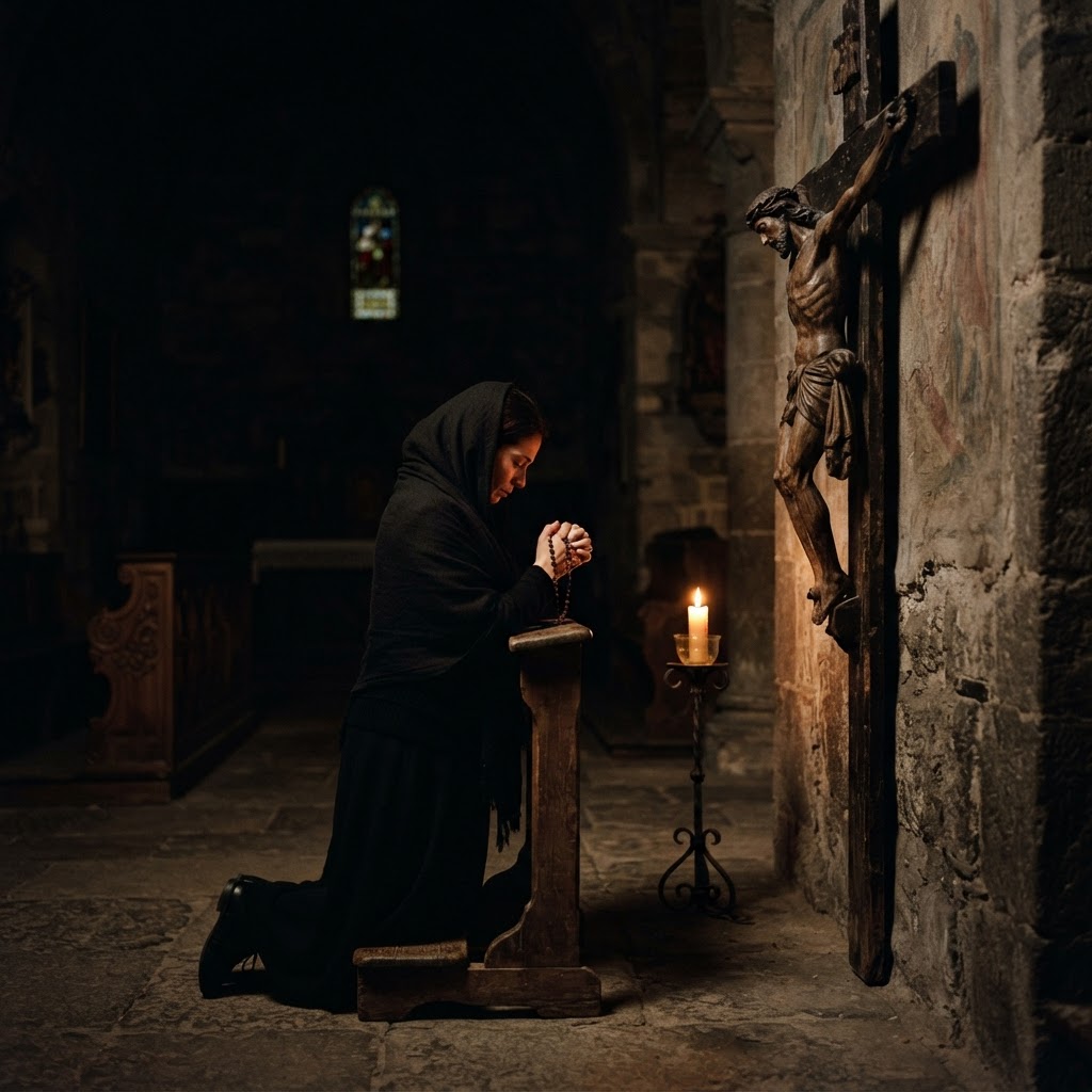 A penitent kneeling in prayer before a crucifix in a dim chapel