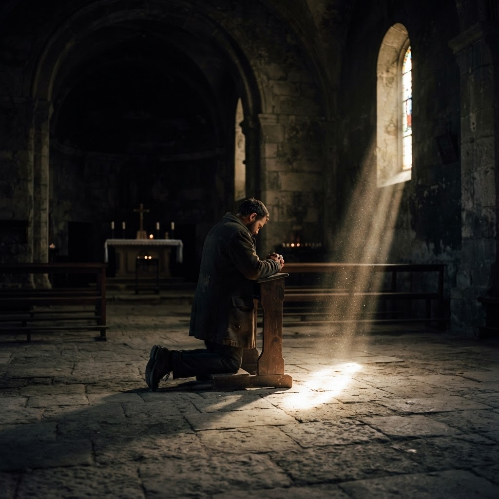 A man kneeling alone in an empty stone chapel in a shaft of light