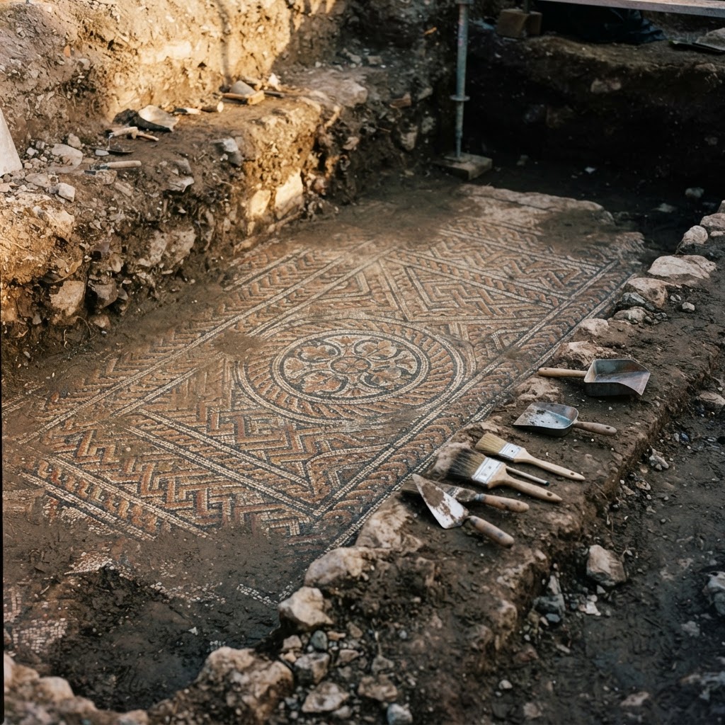 An artist's reconstruction of an excavated Byzantine church floor with a geometric stone mosaic and a circular medallion, trowels and brushes beside it.