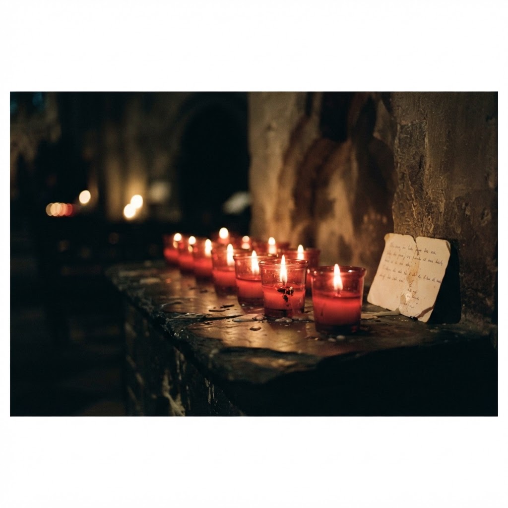 Nine votive candles burning in a row on a dark stone ledge