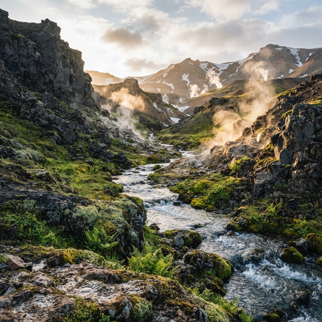 A volcanic valley of new life: dark basalt, faint geothermal steam, vivid green moss and a clear stream