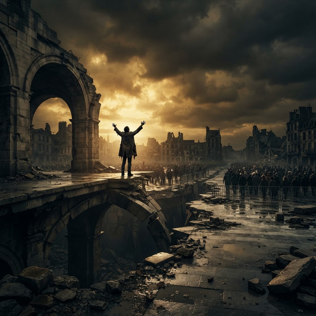 A fractured world under a stormy amber sky, a lone figure with raised hands amid broken stone arches