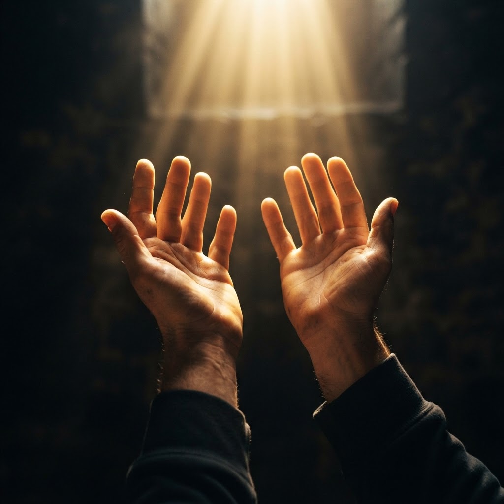 Open uplifted hands receiving shafts of golden dawn light