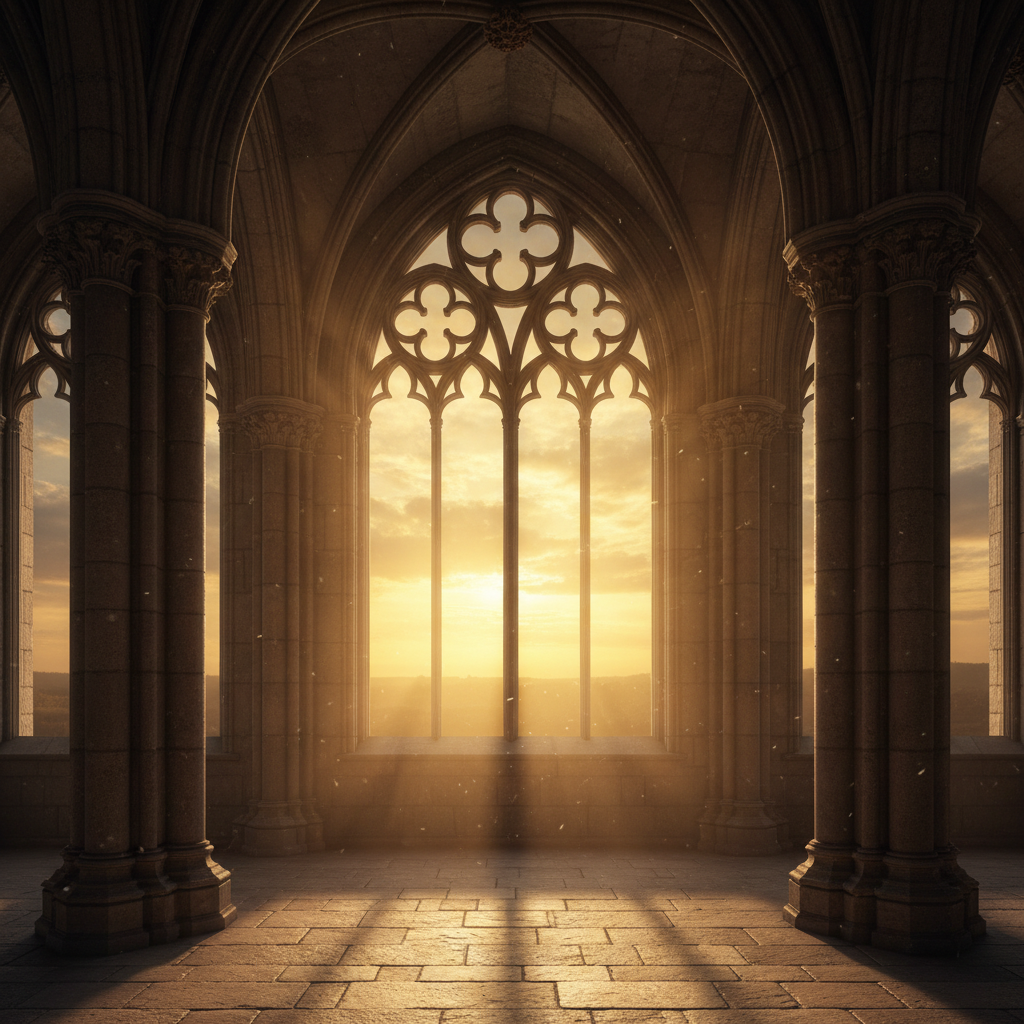 Gothic cathedral arch with golden sunrise light and incense smoke