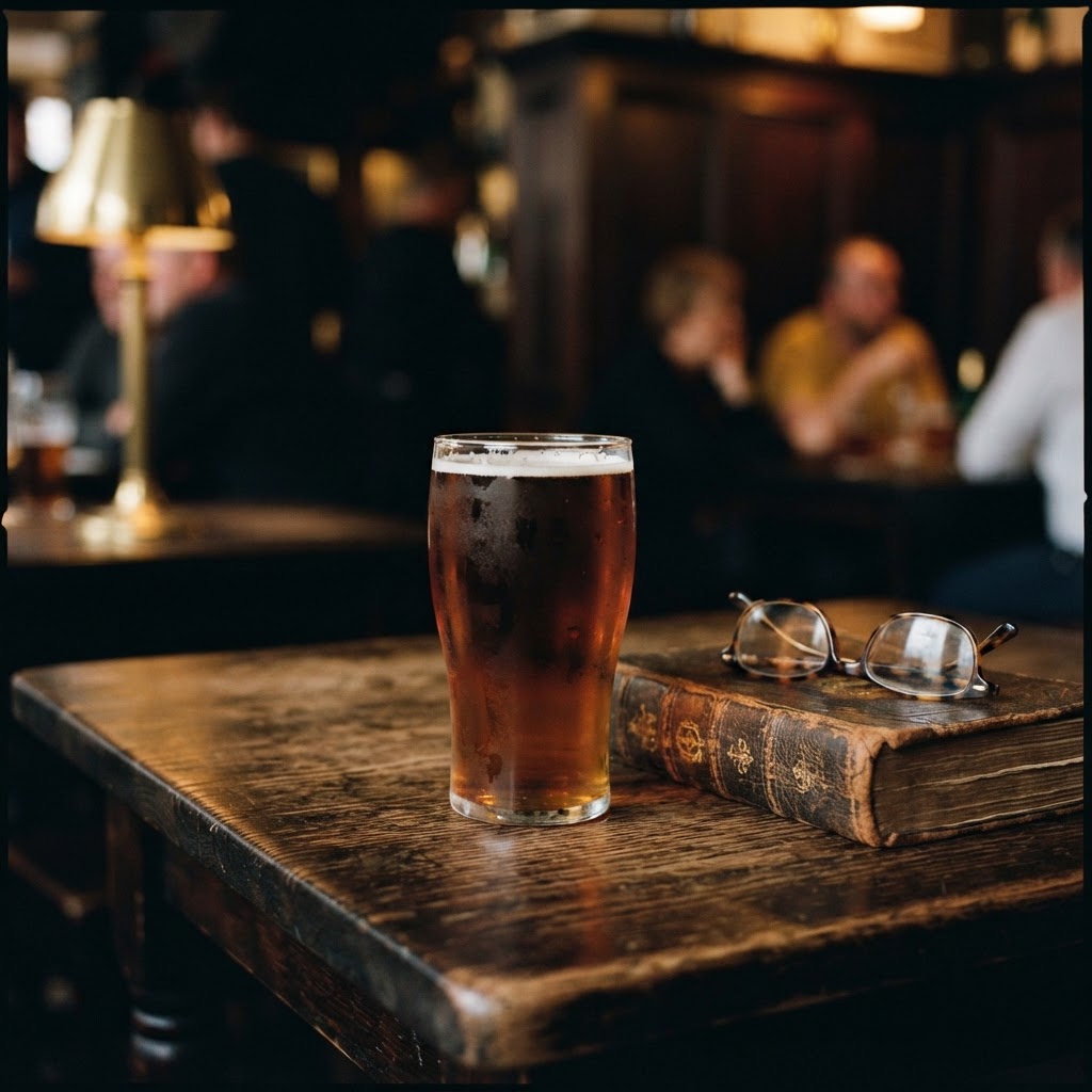 A glass of beer on a pub table beside a leather-bound theology volume