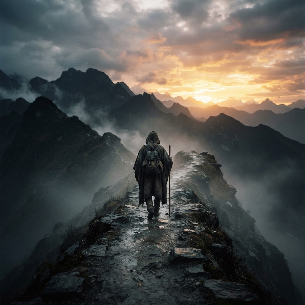 A lone pilgrim walking a misty ridge toward golden dawn