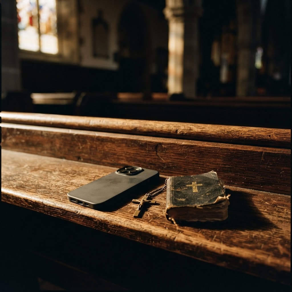 A phone on a wooden church pew beside a small crucifix and prayer book