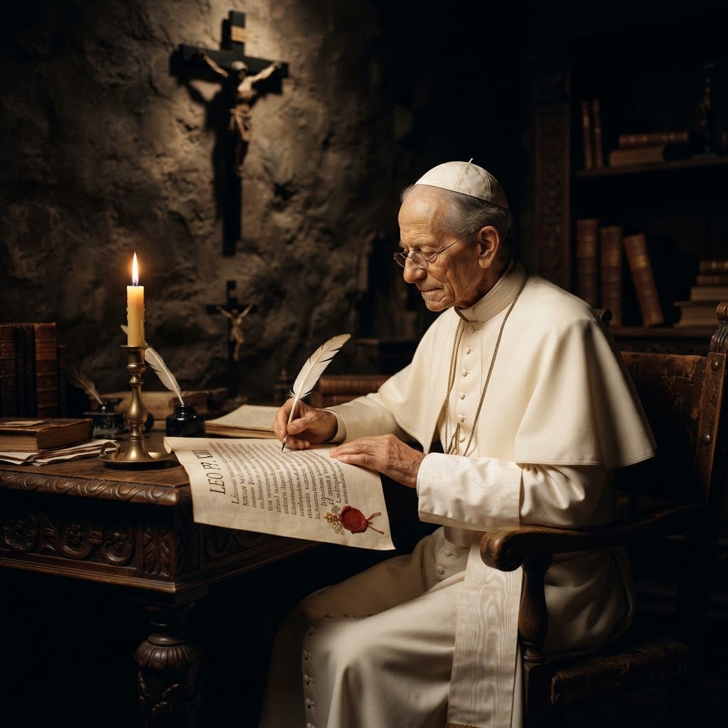 Pope Leo XIII writing an encyclical by candlelight in a Vatican study