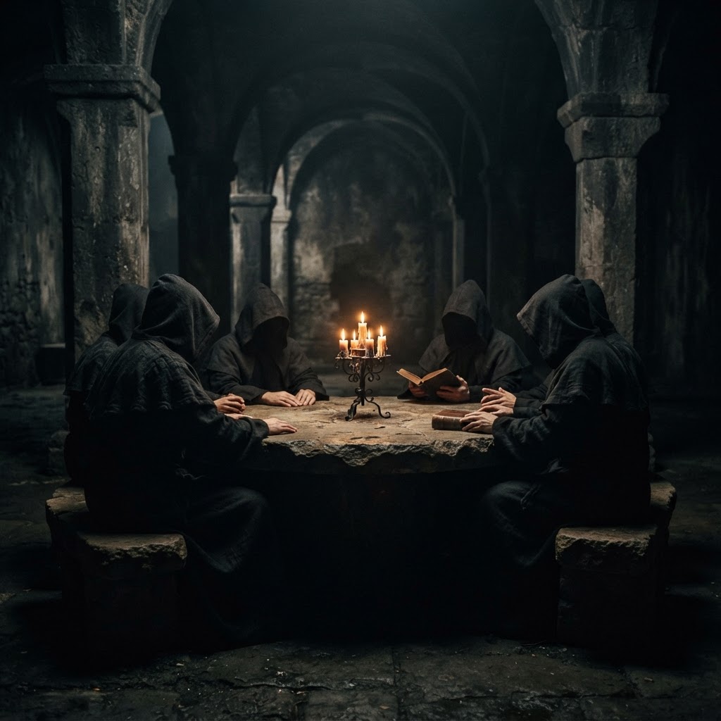 Anonymous hooded figures gathered around a candlelit table in a vaulted subterranean hall