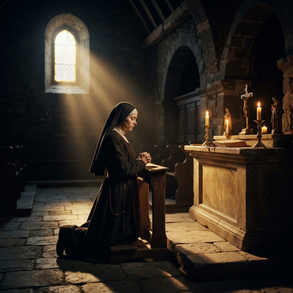 A nun kneeling in candlelit prayer before a plain stone altar in a seventeenth-century French chapel.