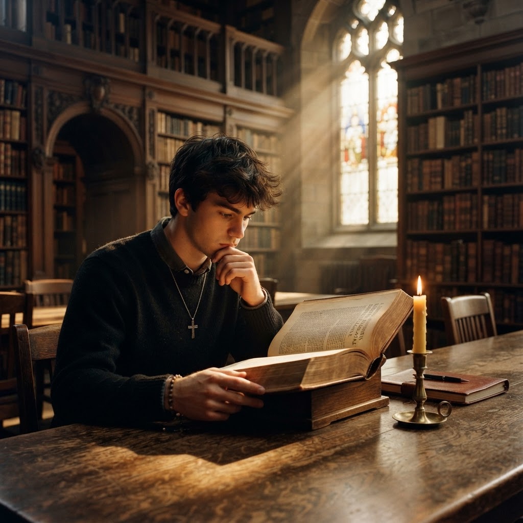 A young Catholic student reading the Summa Theologica of St. Thomas Aquinas in a candlelit scholastic library, golden light through a gothic window